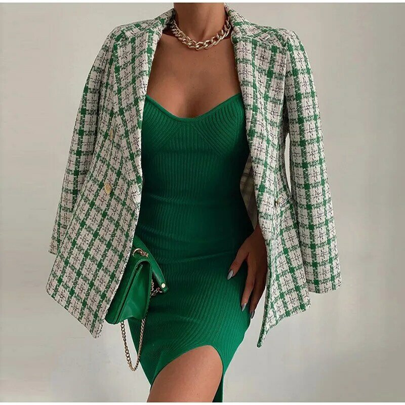 2022 Knitted Green Midi Sexy Bodycon Women Dress Spring Spaghetti Strap Side Split Dress Elegant Chic Sweater Club Party Dresses