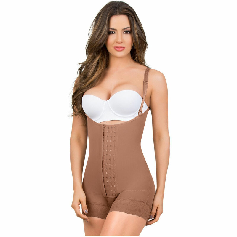 Fajas Colombianas Body Shaper Short Girdle With 2 Line Hooks, Semi Covered Back, Free Breasts, Butt Lifting