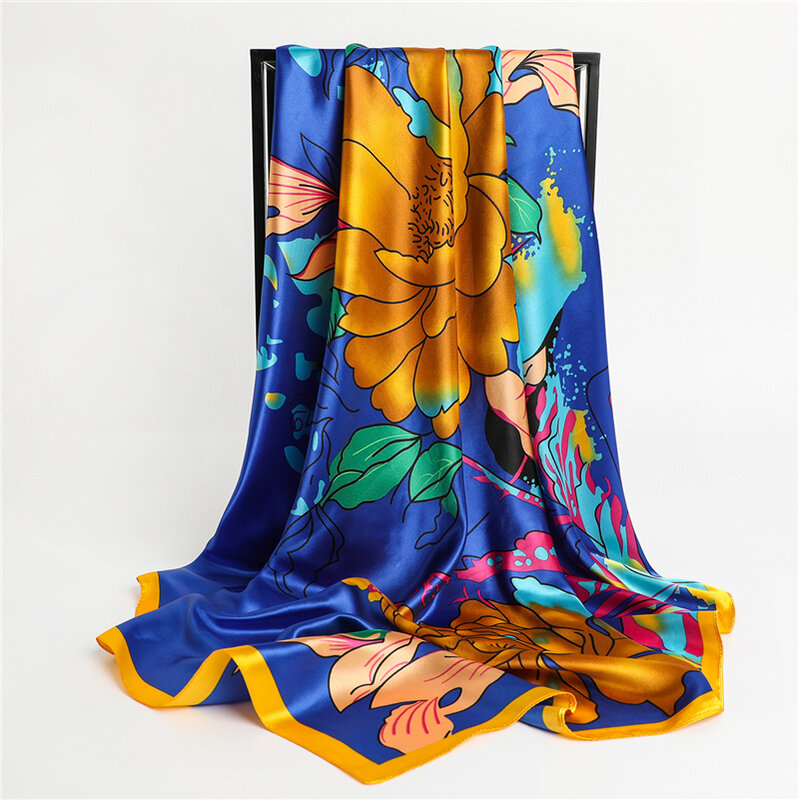 Pañuelo cuadrado de seda satinada para mujer, Bandana de marca de lujo con estampado de Hijab, banda para el pelo, chales, Foulard, 90x90cm