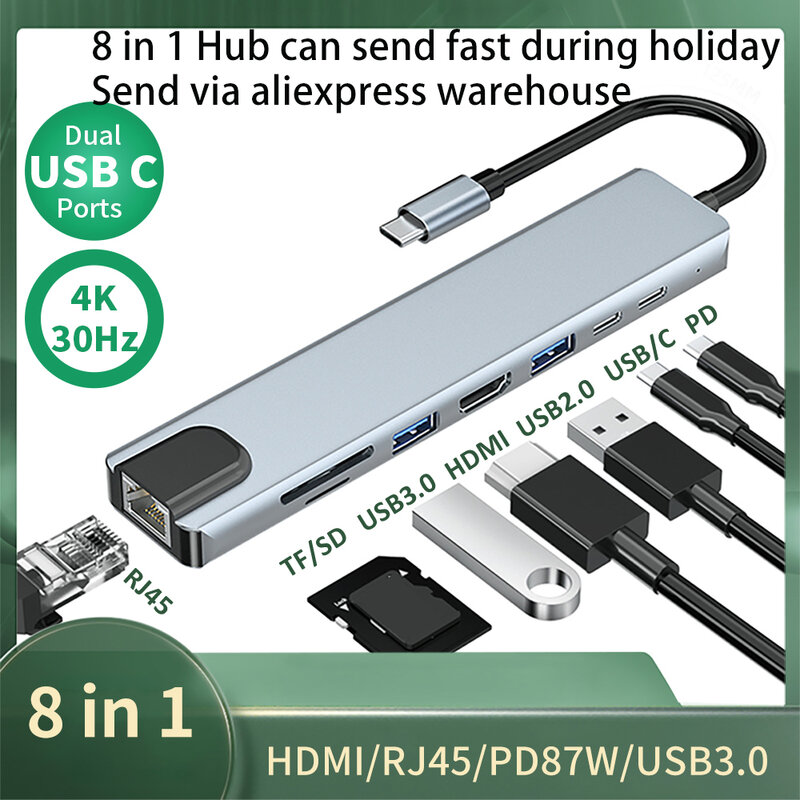 8 In 1 USB C HUB ประเภท C ถึง USB Adapter Docking Station USB C สำหรับ MacBook Pro M1สวิทช์ dock 4K HDMI HUB สำหรับ Nintendo Switch