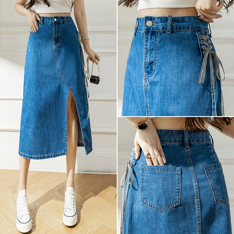 Wisher & tong feminino denim saia de cintura alta divisão lateral do vintage coreano moda jeans saia azul saias longas jupe longue 2022 verão