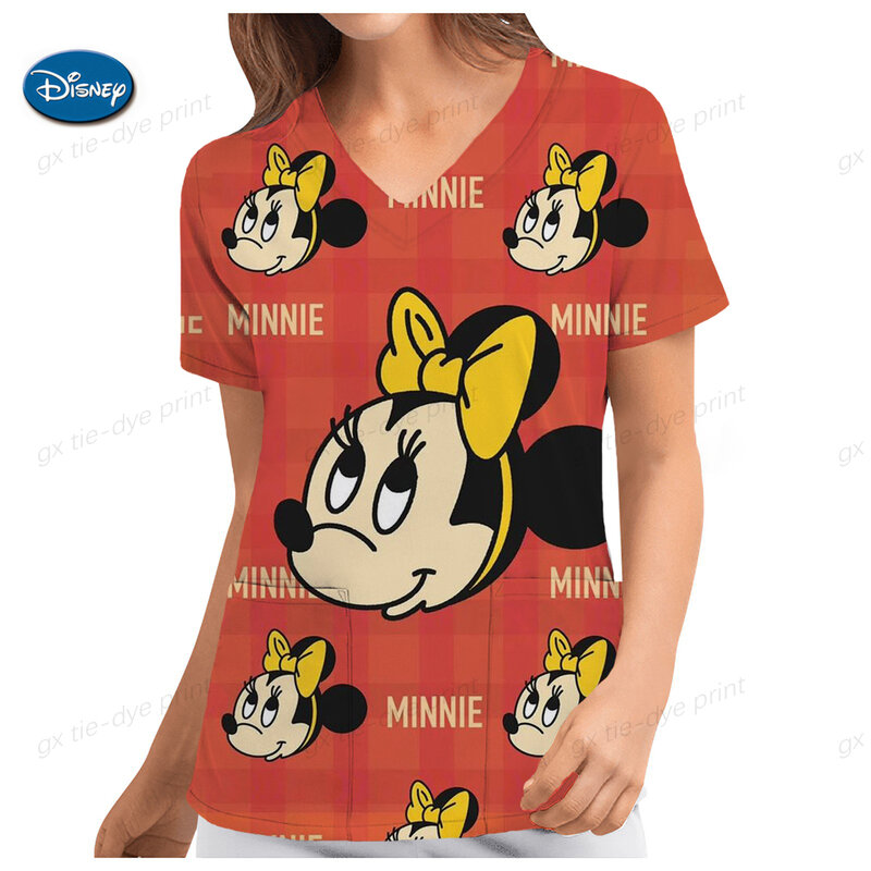Koszulki z dekoltem w szpic koszulki z dekoltem w szpic strój pielęgniarki koszulki Disney Top kobiety 2023 szpitalna myszka Minnie odzież damska koszulki kieszonkowe