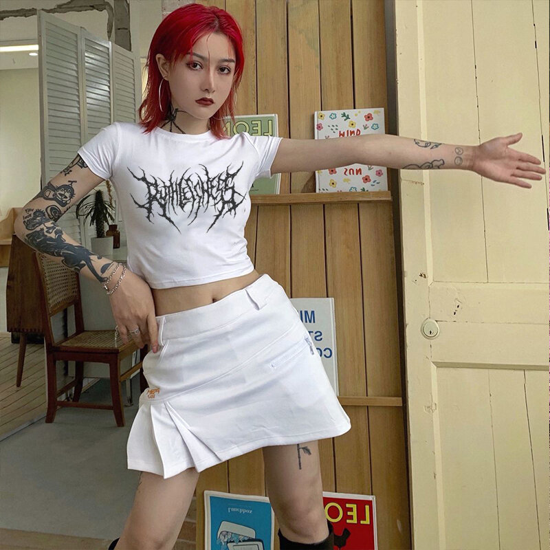 ฤดูร้อน Gothic Letter พิมพ์เสื้อยืด Crop Top Hip Hop Harajuku ผู้หญิงเสื้อผ้า Tee Top Y2K Punk Vintage Slim Fit Streetwear T เสื้อ