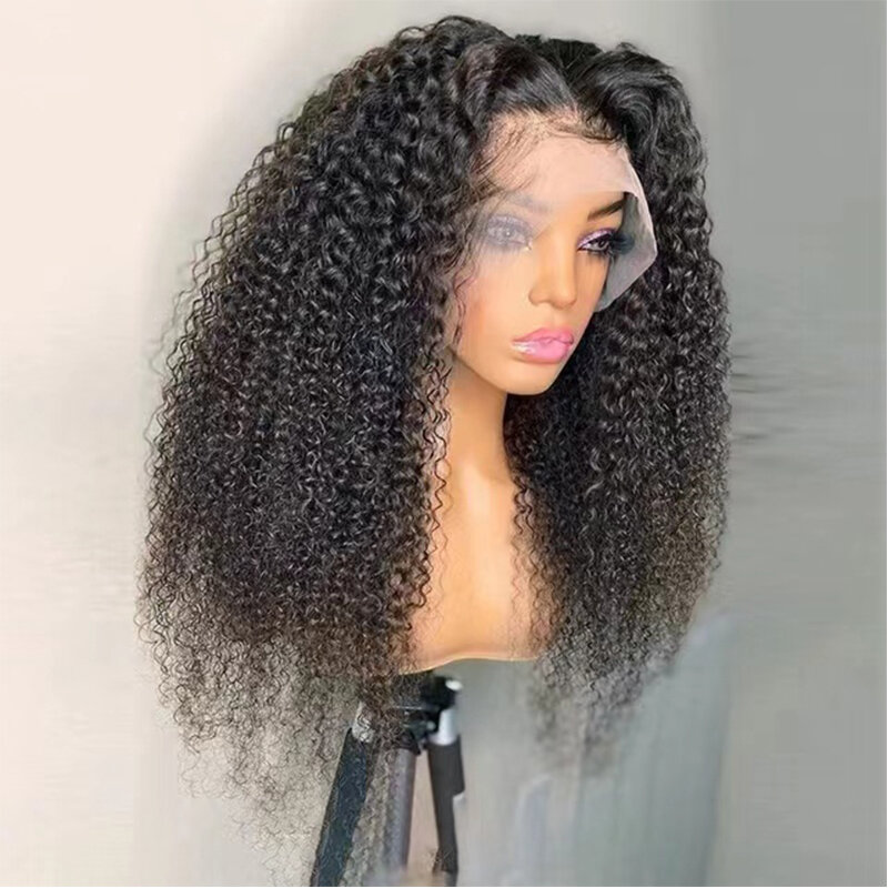 Natural Black 26Inch Long Soft Kinky Curly Lace Front Wig For Women With BabyHair Heat Resistant 200 Density Wth Baby Hair