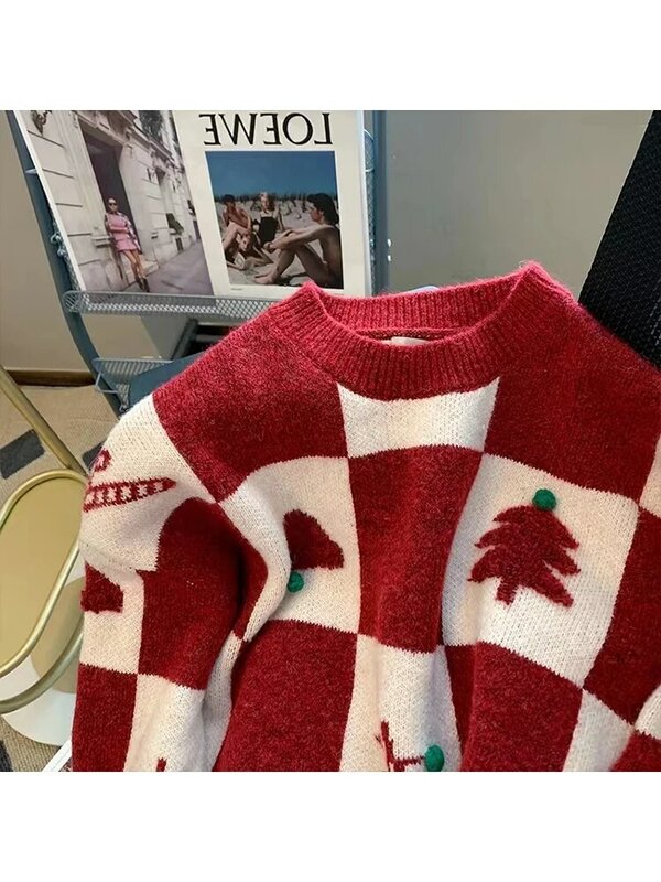 Frauen Herbst Winter Neue Crew-neck Kontrast Farbe Druck Design Strickwaren Sweatshirts Lose Langarm Gestrickte Pullover Pullover