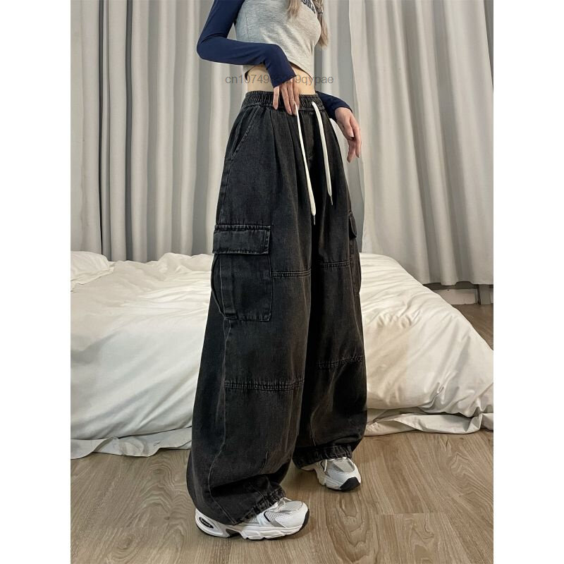 Główna ulica w koreańskim stylu szykowny jeansy z szerokimi nogawkami luźne spodnie Cargo Hip Hop luźne w stylu Casual spodnie damskie Y2k nowy Harajuku 2023 ubrania