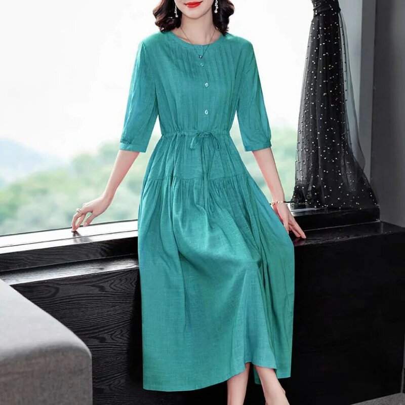 ฤดูใบไม้ผลิฤดูร้อน Vintage ภาษาฝรั่งเศสคำยาวชุด Unif ยาวผู้หญิง Casual Dress ชุดเกาหลี Chic เสื้อผ้าผ้าฝ้ายชุดผ้าลินิน