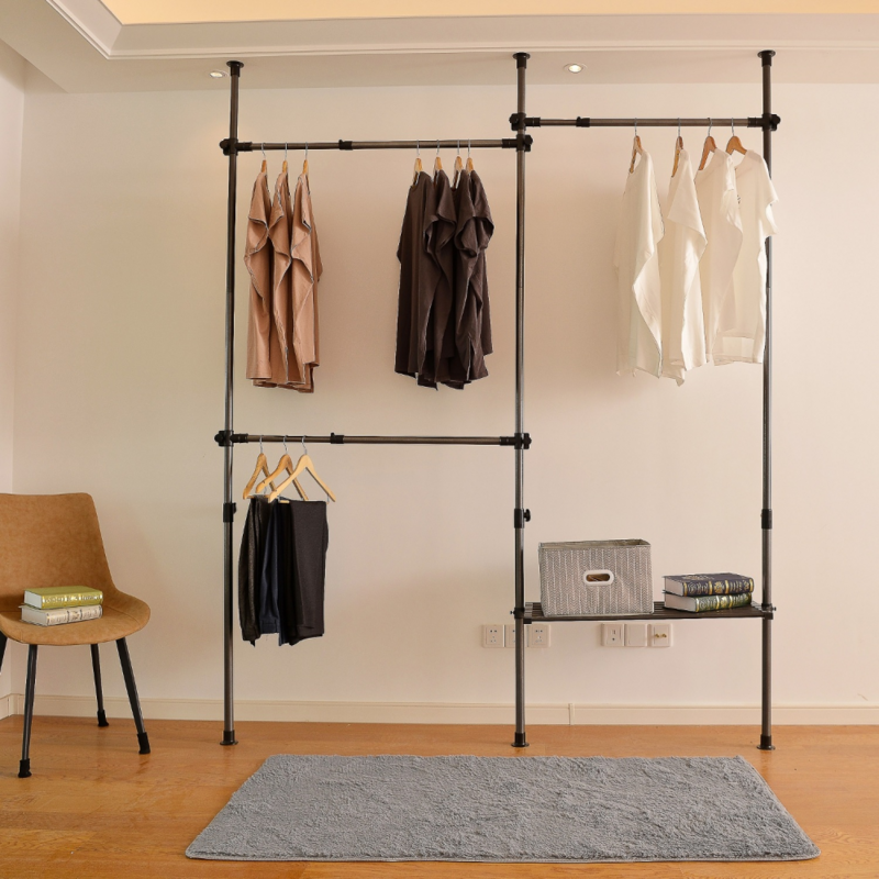 Estante de ropa ajustable, sistema de estante de ropa para organizador de armario, estante de armario negro, dimensiones 86,6 "-122" X 31,5 "-47,25"