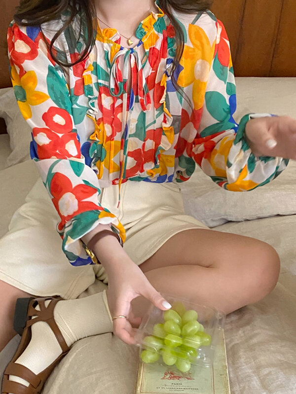 Bluzki damskie topy Holiday County Style z długim rękawem kolorowy kwiatowy Print koszula Blusas De Moda 2022 Verano Camisas Mujer