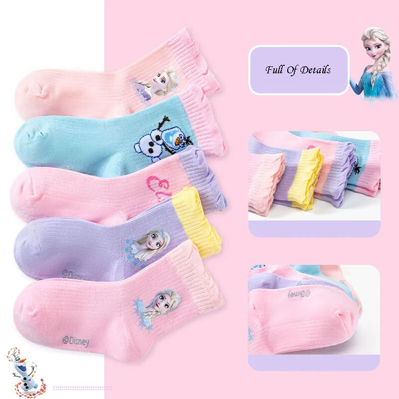 Chaussettes Disney pour filles, 5 paires/lot, chaussettes mignonnes en coton pour enfants de 3 à 10 ans, dessin animé Elsa la reine des neiges