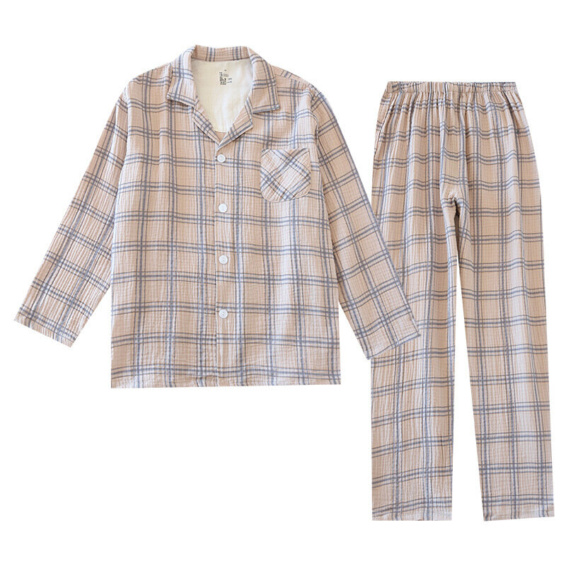 Nightwear Men Clothing Set Large Plaid Washed Crepe Pajama Four Seasons Thin Lapel Daddy Long Sleeve Pants Double Seekers Pijama