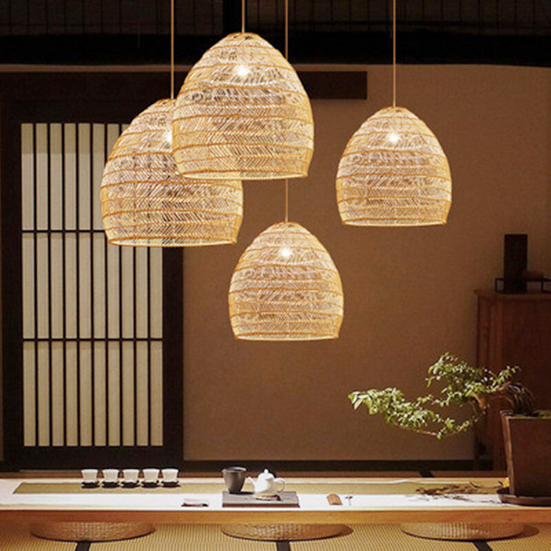 Lampada a sospensione moderna cinese fatta a mano in rattan di bambù, soggiorno giapponese, lampada retrò ristorante, lampada di bambù del sud-est asiatico.