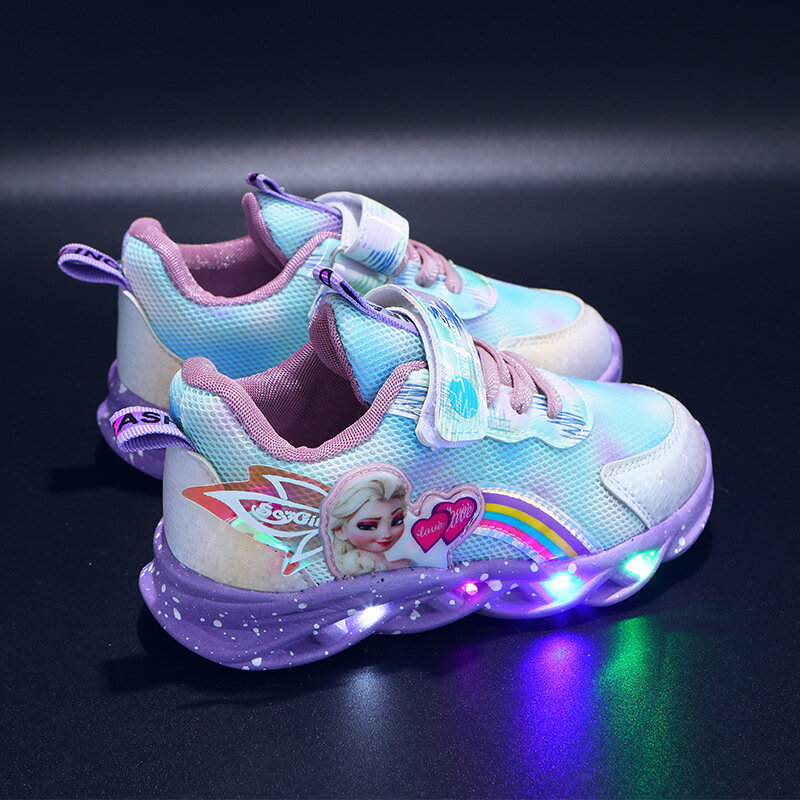 Детские кроссовки для девочек, дышащие, со светодиодной подсветкой, в стиле Диснея, «Холодное сердце», для тренировок, тенниса, точек Анны и ...