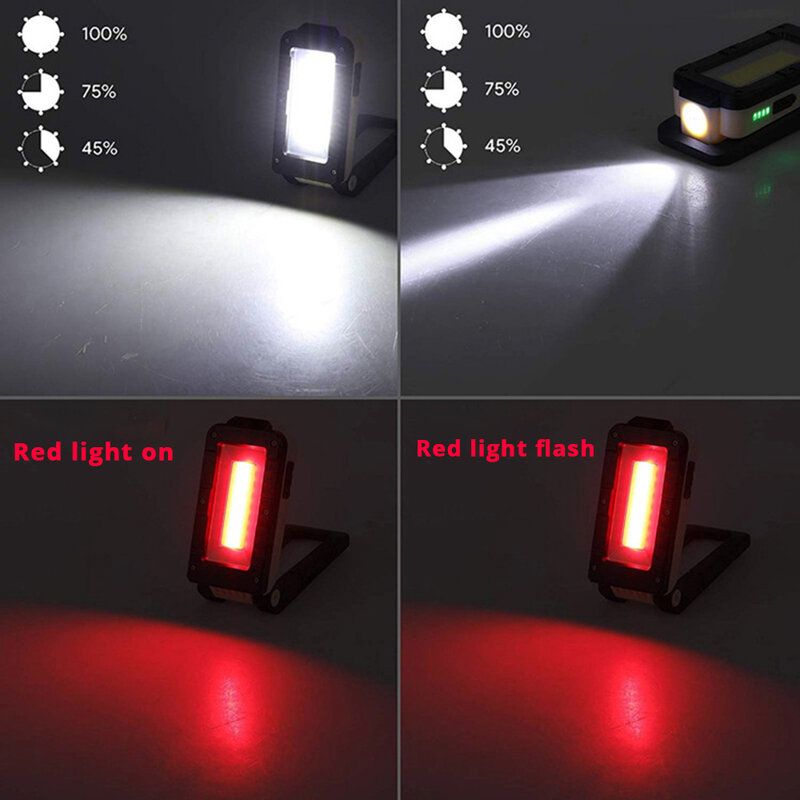 LED Flashlight 180 Degree COB Work Light USB Rechargeable Multifunctional Adjustable Portable Bottom Magnet Design Camping Light