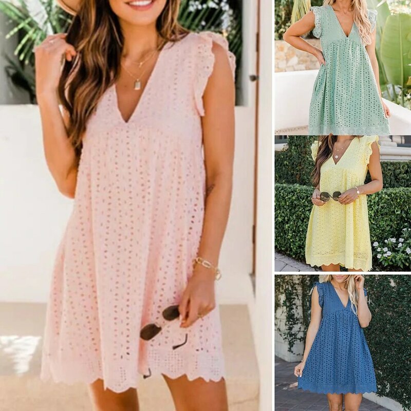 여름 v-목 면화 짧은 치마 솔리드 컬러 드레스 캘리포니아 Romper 2022 패션 캐주얼 의류 여성용 레이디 JAN88