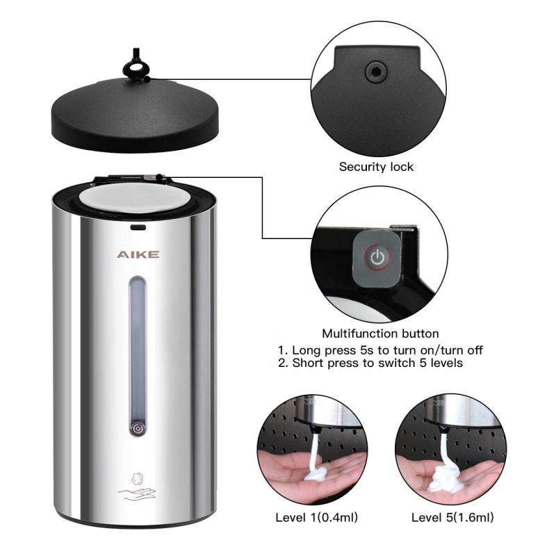 Aike dispensador de sabão de espuma automática 700ml sensor de banheiro dispensador de sabão de aço inoxidável wall-mounted mão desinfetante dispensador