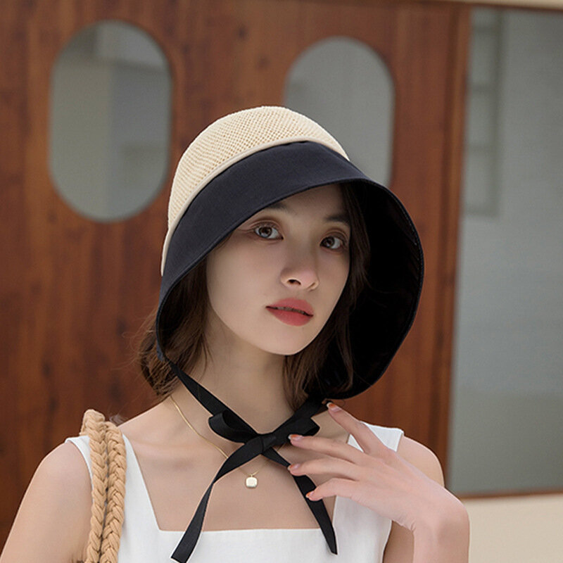 Панама женская хлопковая с большими полями, модная однотонная Регулируемая шляпа от солнца, в японском и корейском стиле, лето