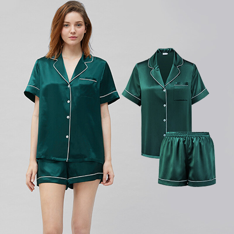 Pijama de satén de manga corta para mujer, conjunto de dos piezas de lujo de alta calidad, 100% de seda, para verano