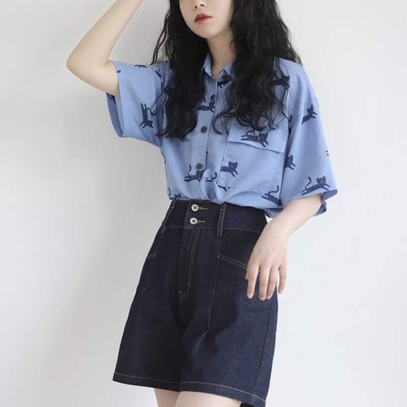 Kat Print Button Up Shirt 2022 Koreaanse Fashion Blue Leuke Shirts Voor Vrouwen Korte Mouw All-Match Trendy Student ontwerp Tops