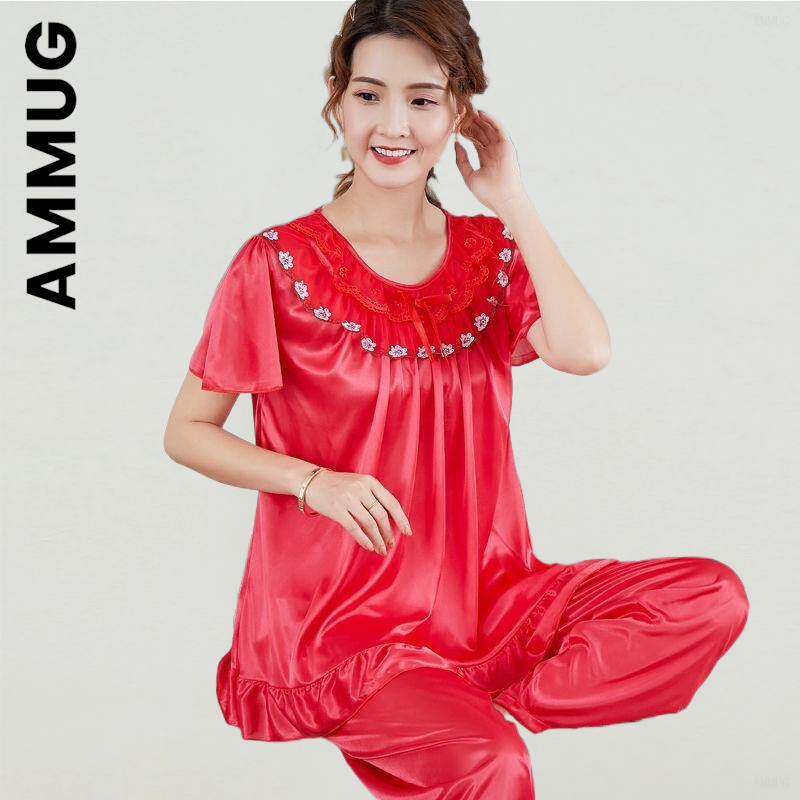 Amマグ-サテンの女性用パジャマセット,中年女性用パジャマ,カジュアル,ナイトウェア