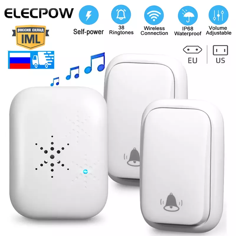 Elecpow Wireless Doorbell Self-powered Smart Home Door Bell Chime Music Ring Pager US EU Plug Waterproof Outdoor Security System