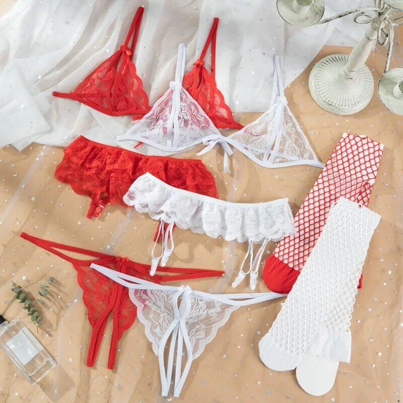 Sexy lingerie de renda feminina conjunto sensual oco transparente roupa interior exótica sutiã conjunto g-string calcinha ligas meias de malha