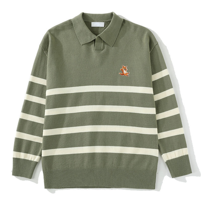 Men Long Sleeve Knitting Shirt Brand Fox head Embroidered Top Autumn Quality Men Lapel Stripe Casual Fashion Men Clothing
