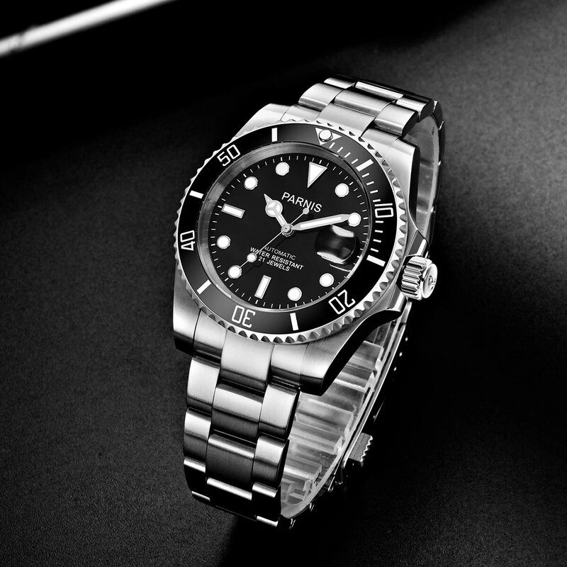 Parnis casual 40mm mostrador preto automático relógio mecânico masculino calendário pulseira de aço inoxidável miyota 8215 relógios reloj hombre
