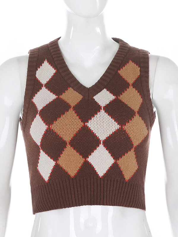 HEYounGIRL-Chaleco de punto sin mangas para otoño, suéter recortado Vintage de rombos marrones, estilo Preppy, informal, tejido a cuadros, Y2K