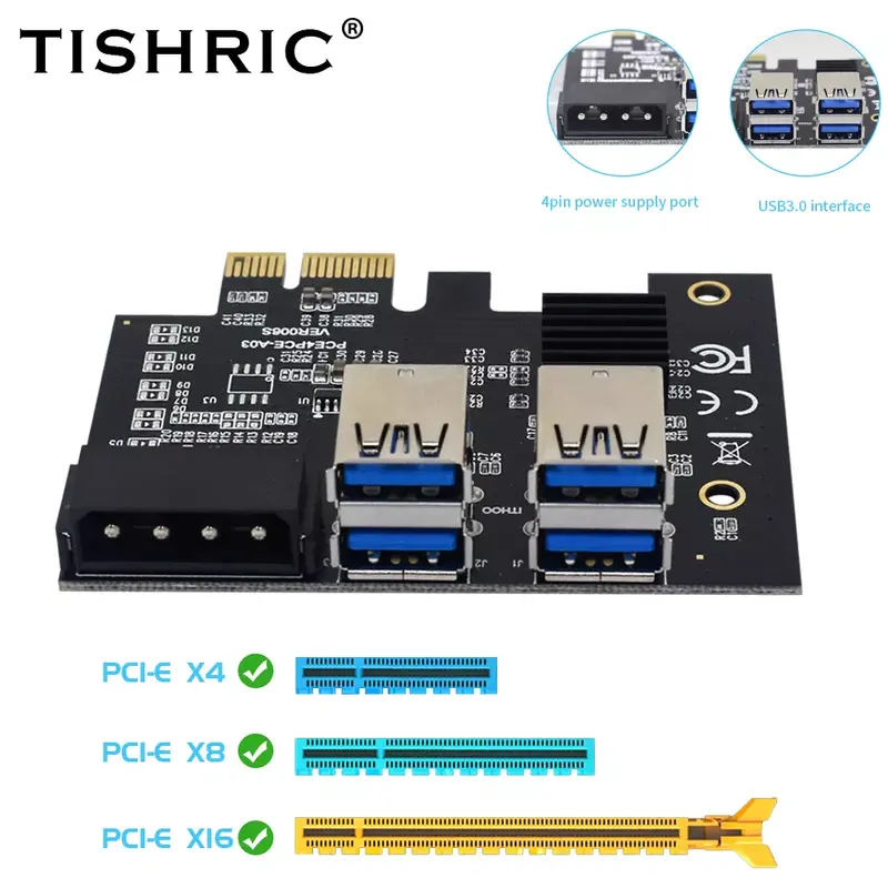 Tishric pci express multiplicador pci-e riser 1 a 4 pcie usb 3.0 hub 1x 16x riser para adaptador de placa de vídeo para mineração de mineiro btc