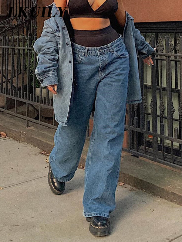 90S Low Eo Jeans Phụ Nữ Quần Jean Rộng Thùng Thình 2022 Thời Trang Mới Straight Quần Chân Y2k Quần Denim Cổ Điển Lỏng Màu Xanh rửa Mẹ Jeans