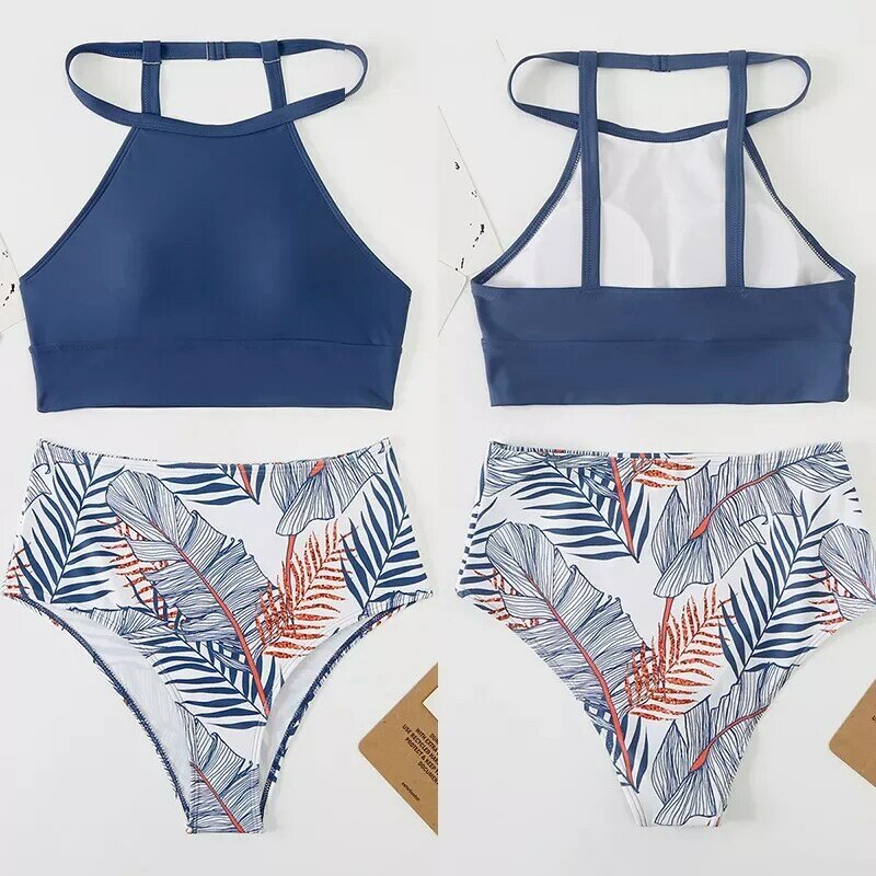 Set Pakaian Dalam Bikini Pinggang Tinggi Daun Coklat Baju Renang Halter Wanita Dua Potong Pakaian Renang 2022 Seksi Brasil Pakaian Mandi Pakaian Pantai