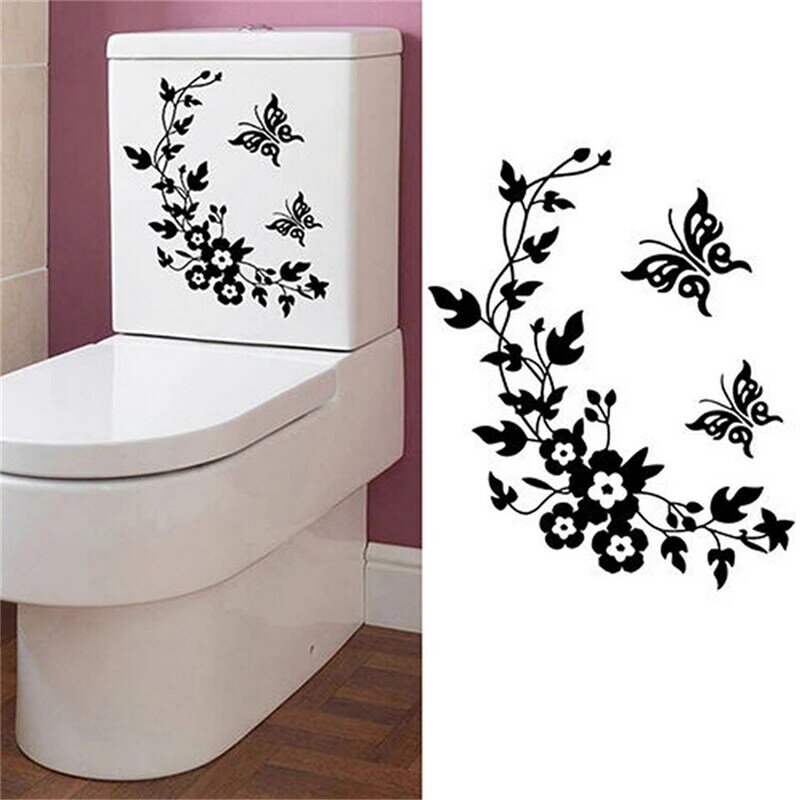 Borboleta preta amor flor vaso sanitário geladeira gabinete adesivo de parede pvc decalque decoração para casa etiqueta 28x34cm