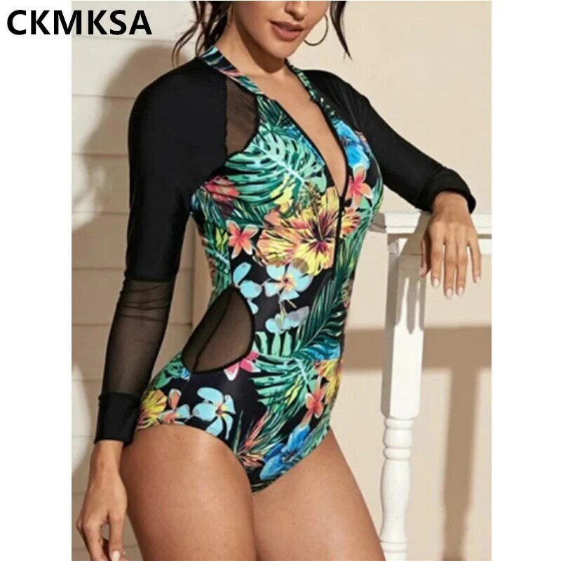 Traje de baño de manga larga para mujer, ropa de playa femenina con estampado floral, sin espalda, protección UV, novedad de 2022