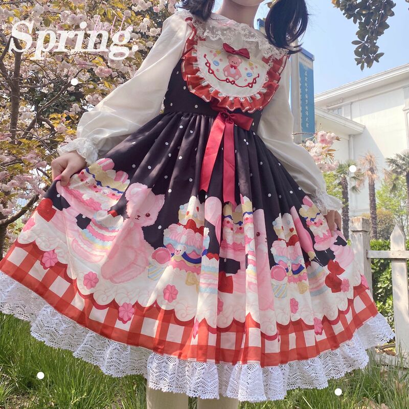 Wiktoriański Vintage kobiety sukienka Lolita pasek Jsk lato Bowknot księżniczka Party śliczne drukuj dziewczyny japoński słodki Kawaii sukienka Lolita