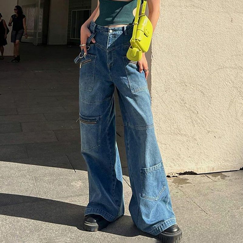 Винтажные джинсовые брюки с низкой талией в стиле 90-х, синие винтажные готические повседневные Широкие джинсовые брюки с карманами, мешковатые женские брюки-карго Y2K