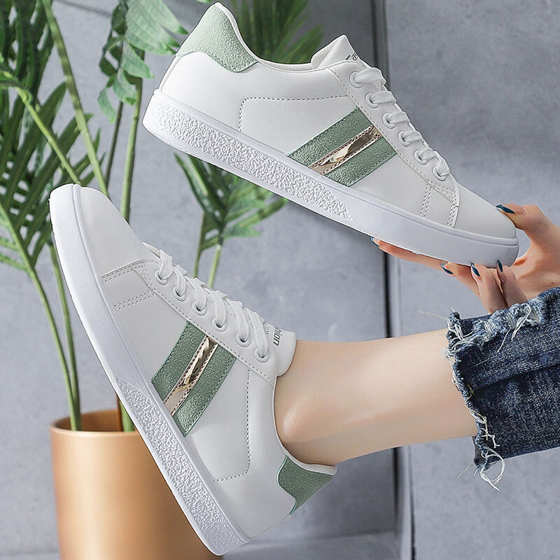 Zapatos blancos transpirables con cordones para mujer, diseño de lentejuelas de empalme sencillo, zapatillas planas antideslizantes que combinan con todo, informales, a la moda