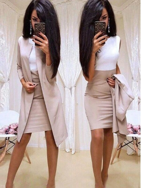 Duas peças terno feminino saia vestido terno costura magro longo mangas compridas mini vestido formal wear trabalho de negócios banquete terno com saia