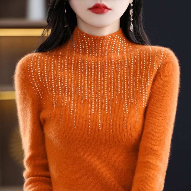 100% Pure Wool Knit Bottoming Shirt Hot Drilling Tassel Sweater Women's Autumn And Winter Half Turtleneck Slim Pullover Inside