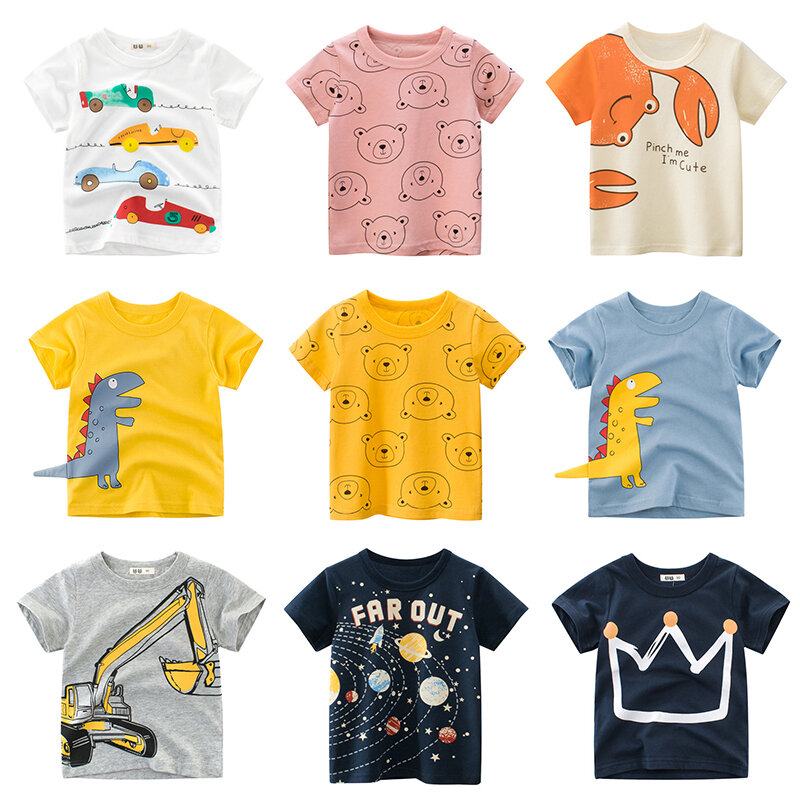 T-shirt manches courtes pour enfants, en coton, blanc et jaune, avec dessin animé imprimé, pour garçons et filles