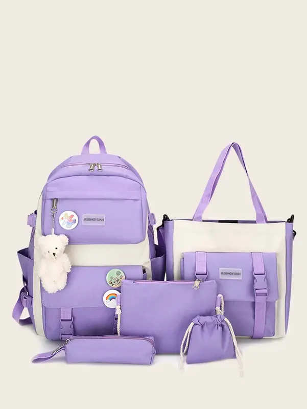 Conjunto de mochila de decoración de muñeca de dos tonos para niñas, 5 piezas