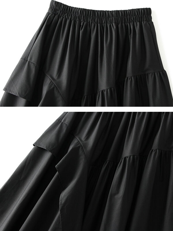 Women's Brief Asymmetrical Design Solid Skirt Korean Fashion Elastic High Waist Black White Pleated Midi Skirts 2022 Summer K101