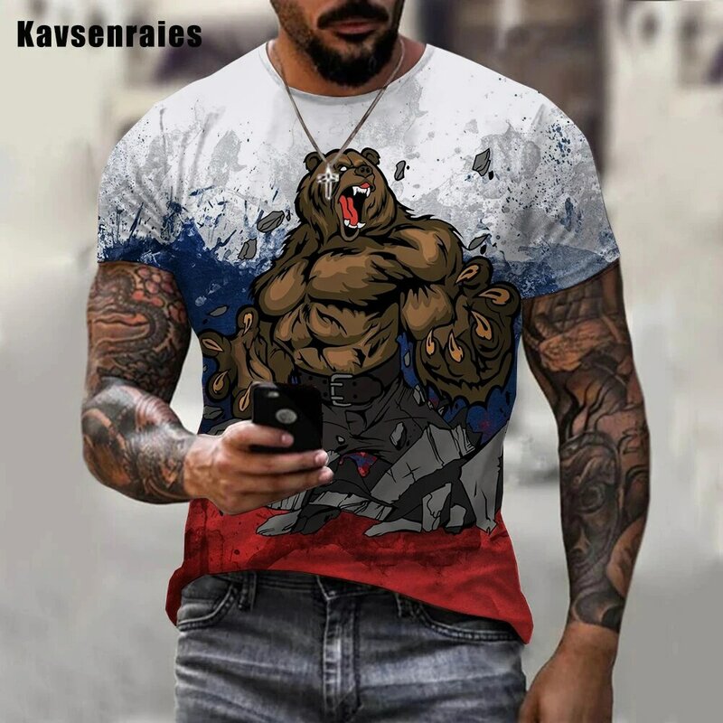 2022 rosja niedźwiedź koszulka rosyjska flaga Tshirt mężczyźni kobiety moda lato Casual z krótkim rękawem Harajuku Streetwear swetry typu oversize