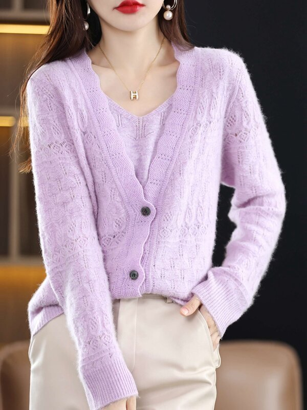 Wolle Strickjacke Damen Herbst und Winter neue V-Ausschnitt Langarm durchbrochenen Pullover koreanische Version wilde Wolle Pullover Mantel