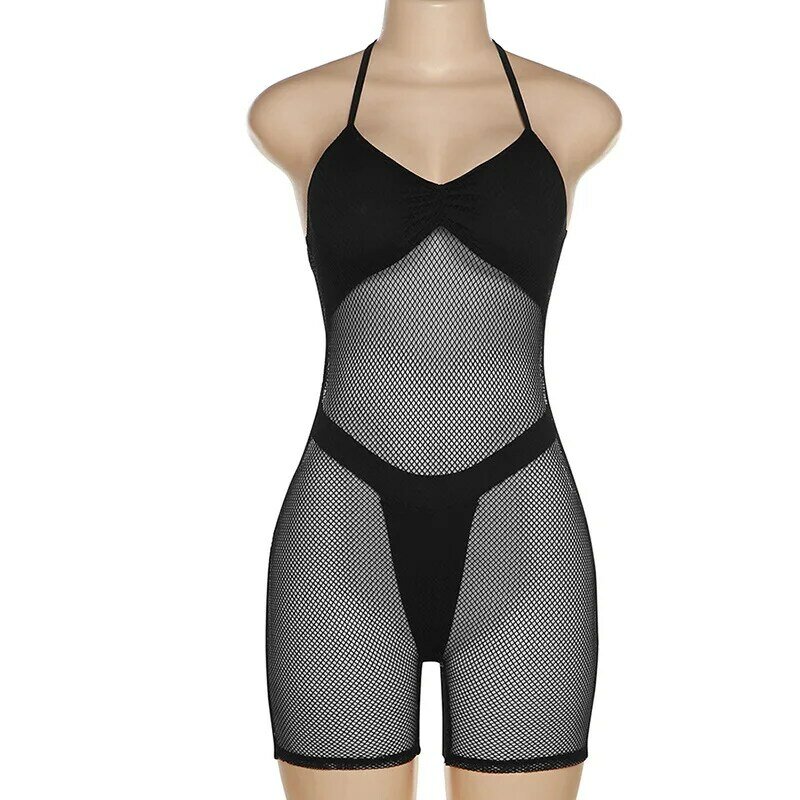 Adogirl Vrouwen Sexy Mesh Playsuit Met Thongs See Through Visnet V-hals Lace Up Halter Backless Shorts Jumpsuit Nacht Clubwear