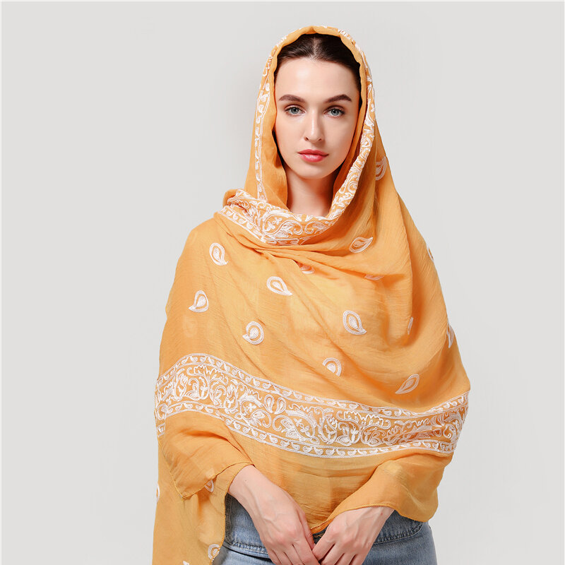 Luxe Katoenen Sjaal Vrouwen Hijab Moslim Hoofdband Wrap Sjaals Solid Paisley Borduurwerk Bandana Mode Hoofddoek 180*90Cm Foulard