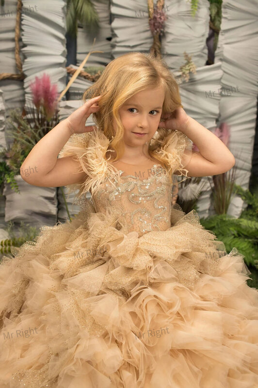 Sparkly ouro babados tule rendas lantejoulas vestidos da menina de flor para a festa de casamento aniversário vestidos de princesa para sessão de fotos
