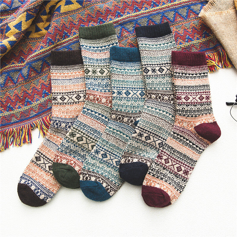 5 Pairs Lot Pack New Women Socks Customized Winter Retro Wool Thickened Warm National Style Folk-custom Christmas Gift Quality