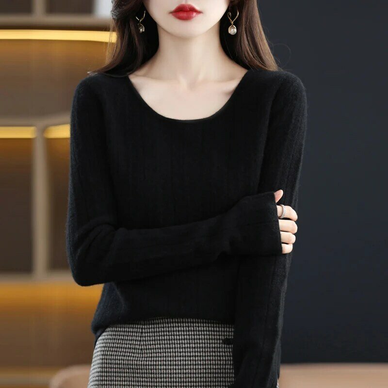 2023 New 100% Pure Woolen Sweater Women's Knitted Pullover Loose O-Neck Long Sleeve Sweater Western Style Versatile Backing Tops