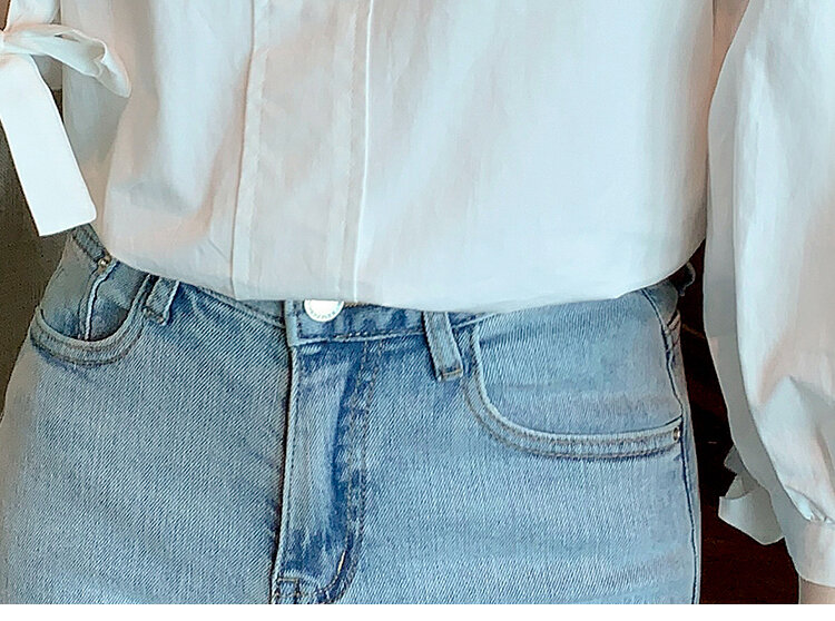 Chemise à lacets à manches longues pour femmes, couleur unie, col rond, ample, avec nœud papillon, version coréenne, 110H